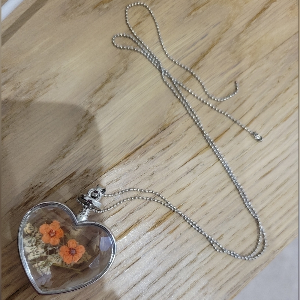 Glass Heart Pendant with Real “Forget me Not” Dried Flowers Orange